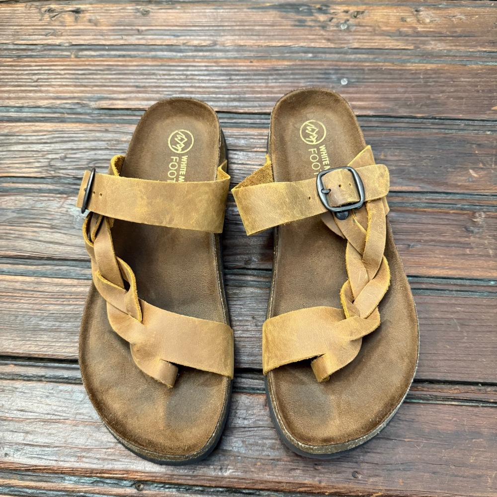 White Mountain Crawford Tan Leather Braided Buckle Slide Sandals Womens 8M